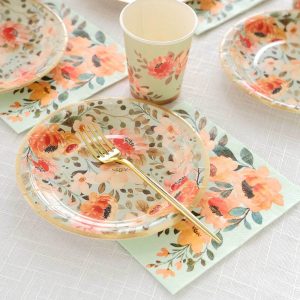 72 Pcs Paper Dinnerware Set Sage Green with Pink Floral Print - Disposable Plates, Cups, and Napkins Tableware - Pack of 1 Set
